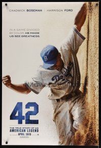 4s012 42 teaser DS 1sh '13 baseball, image of Chadwick Boseman as Jackie Robinson sliding home!