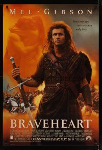 4s111 BRAVEHEART advance 1sh '95 cool image of Mel Gibson as William Wallace!