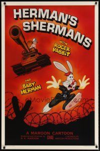 4s358 HERMAN'S SHERMANS Kilian 1sh '88 great art of Roger Rabbit running from Baby Herman in tank!
