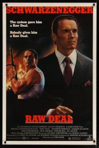 4s605 RAW DEAL 1sh '86 art of tough guy Arnold Schwarzenegger with gun & in suit!