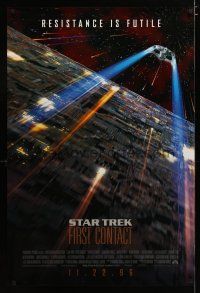 4s705 STAR TREK: FIRST CONTACT int'l advance DS 1sh '96 starship Enterprise above Borg cube!