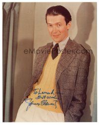 4t622 JAMES STEWART signed color 8x10 REPRO still '80s youthful portrait smiling in tie & jacket