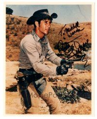 4t736 ROBERT FULLER signed color 8x10 REPRO still '90s great close up with gun from Wagon Train!
