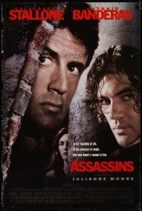 4t161 ASSASSINS signed 1sh '95 by Antonio Banderas, cool image with Sylvester Stallone & Moore!