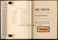 4t135 LOUIS BROMFIELD signed paper in hardcover book '51 his novel Mr. Smith!