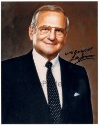 4t666 LEE IACOCCA signed color 8x10 REPRO still '90s waist-high smiling portrait in business suit!