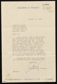 4t038 GERALDINE FERRARO signed letter '85 thanking the embassy in Beijing after meeting Bishop!