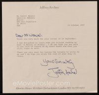 4t044 JEFFREY ARCHER signed letter '87 delighted to learn she liked his book, A Matter of Honour!