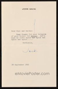4t049 JOHN GAVIN signed letter '63 thanking agent Paul Kohner for wishing him luck in Destry!