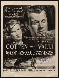 4t019 JOSEPH COTTEN signed magazine ad '50 great ad from Walk Softly Stranger with Alida Valli!