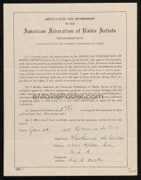 4t070 KATHERINE DEMILLE signed contract '38 joining the American Federation of Radio Artists!