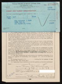 4t075 MARY McALISTER signed contract '58 joining American Federation of Television & Radio Artists!