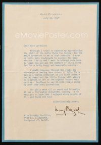 4t051 MARY PICKFORD signed letter '47 to Dorothy Credille, thanking her publicist for an award!