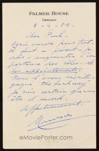 4t052 MAURICE CHEVALIER signed letter '59 written entirely in French to friend & agent Paul Kohner!
