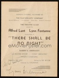 4t107 THERE SHALL BE NO NIGHT signed stage play program '40 by BOTH Lynn Fontaine AND Alfred Lunt!