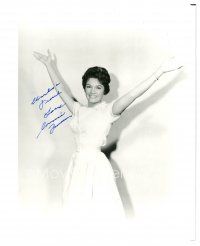4t569 CONNIE FRANCIS signed 8x10 REPRO still '90s smiling portrait with arms raised in air!