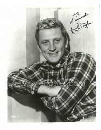4t404 KIRK DOUGLAS signed 8x10 still '60s great smiling close up with arms crossed in plaid shirt!