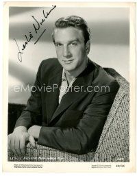 4t410 LESLIE NIELSEN signed 8x10.25 still '56 seated portrait in suit & tie from Hot Summer Night!