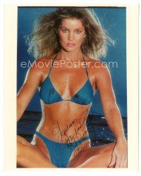 4t714 PRISCILLA PRESLEY signed color 8x10 REPRO still '90s seated portrait in sexy blue bikini!