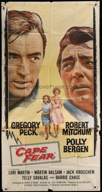 4w642 CAPE FEAR 3sh '62 Gregory Peck, Robert Mitchum, Polly Bergen, classic film noir!