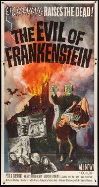 4w691 EVIL OF FRANKENSTEIN 3sh '64 Peter Cushing, Hammer, lightning raises the dead, cool art!