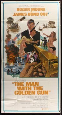 4w821 MAN WITH THE GOLDEN GUN 3sh '74 art of Roger Moore as James Bond by Robert McGinnis!