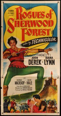 4w897 ROGUES OF SHERWOOD FOREST 3sh '50 art of swashbuckler John Derek as the son of Robin Hood!