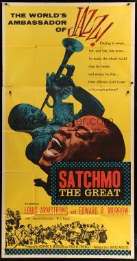 4w904 SATCHMO THE GREAT 3sh '57 wonderful image of Louis Armstrong playing his trumpet & singing!