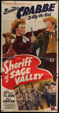 4w914 SHERIFF OF SAGE VALLEY 3sh '42 stone litho of Buster Crabbe as Billy the Kid, Fuzzy St. John