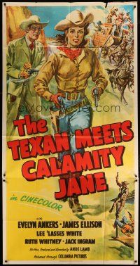 4w953 TEXAN MEETS CALAMITY JANE 3sh '50 art of cowgirl Evelyn Ankers w/ two guns & James Ellison!