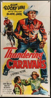 4w962 THUNDERING CARAVANS 3sh '52 great artwork of cowboy Rocky Lane w/smoking gun & Black Jack!
