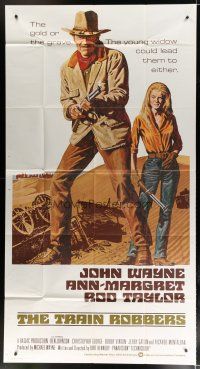 4w968 TRAIN ROBBERS int'l 3sh '73 great full-length art of cowboy John Wayne & sexy Ann-Margret!