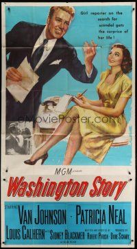 4w979 WASHINGTON STORY 3sh '52 pretty news reporter Patricia Neal gets a surprise from Van Johnson!