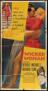 4w988 WICKED WOMAN 3sh '53 bad girl Beverly Michaels, Richard Egan, film noir!