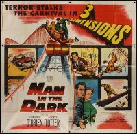 4w316 MAN IN THE DARK 6sh '53 really cool 3-D art of men fighting on rollercoaster!