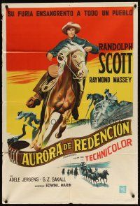 4w083 SUGARFOOT Argentinean '51 cool full-length artwork of of cowboy Randolph Scott on horseback!