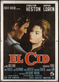 4w138 EL CID Italian 2p '61 different art of Charlton Heston close up with sexy Sophia Loren!