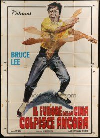4w142 FISTS OF FURY Italian 2p '73 cool different artwork of kung fu master Bruce Lee in motion!