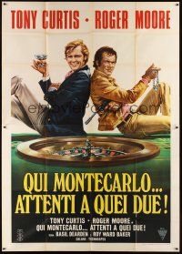 4w178 MISSION MONTE CARLO Italian 2p '74 best art of Roger Moore & Tony Curtis by roulette wheel!