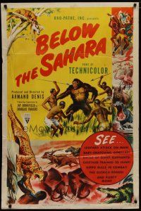 4x085 BELOW THE SAHARA 1sh '53 great giant ape image vs. tribesmen artwork!