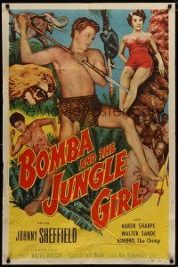 4x115 BOMBA & THE JUNGLE GIRL 1sh '53 great c/u of Johnny Sheffield w/spear & sexy Karen Sharpe!