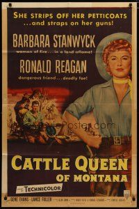 4x147 CATTLE QUEEN OF MONTANA style A 1sh '54 Barbara Stanwyck is a woman of fire, Ronald Reagan!
