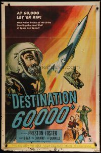 4x210 DESTINATION 60,000 1sh '57 cool artwork of military man-flown bullets of the skies!