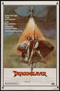 4x225 DRAGONSLAYER 1sh '81 cool Jeff Jones fantasy artwork of Peter MacNicol w/spear & dragon!
