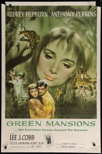 4x325 GREEN MANSIONS 1sh '59 cool art of Audrey Hepburn & Anthony Perkins by Joseph Smith!