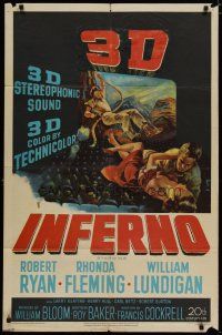 4x405 INFERNO 1sh '53 3-D image of William Lundigan & Rhonda Fleming embracing over audience!