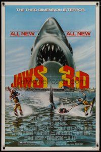 4x429 JAWS 3-D 1sh '83 great Gary Meyer shark artwork, the third dimension is terror!