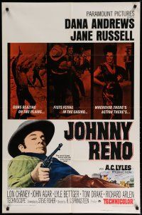 4x439 JOHNNY RENO 1sh '66 Dana Andrews, Jane Russell, wherever there's action, there's Johnny Reno
