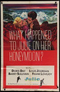 4x446 JULIE 1sh '56 what happened to Doris Day on her honeymoon with Louis Jourdan?