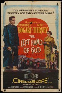 4x491 LEFT HAND OF GOD 1sh '55 artwork of priest Humphrey Bogart holding gun + sexy Gene Tierney!